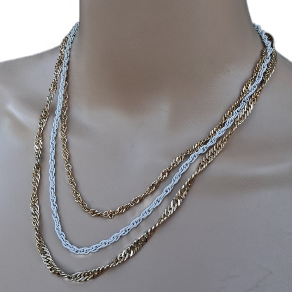 Vintage Multi-Strand Gold Tone & White Enamel Layered Chain Necklace - Picture 2 of 5